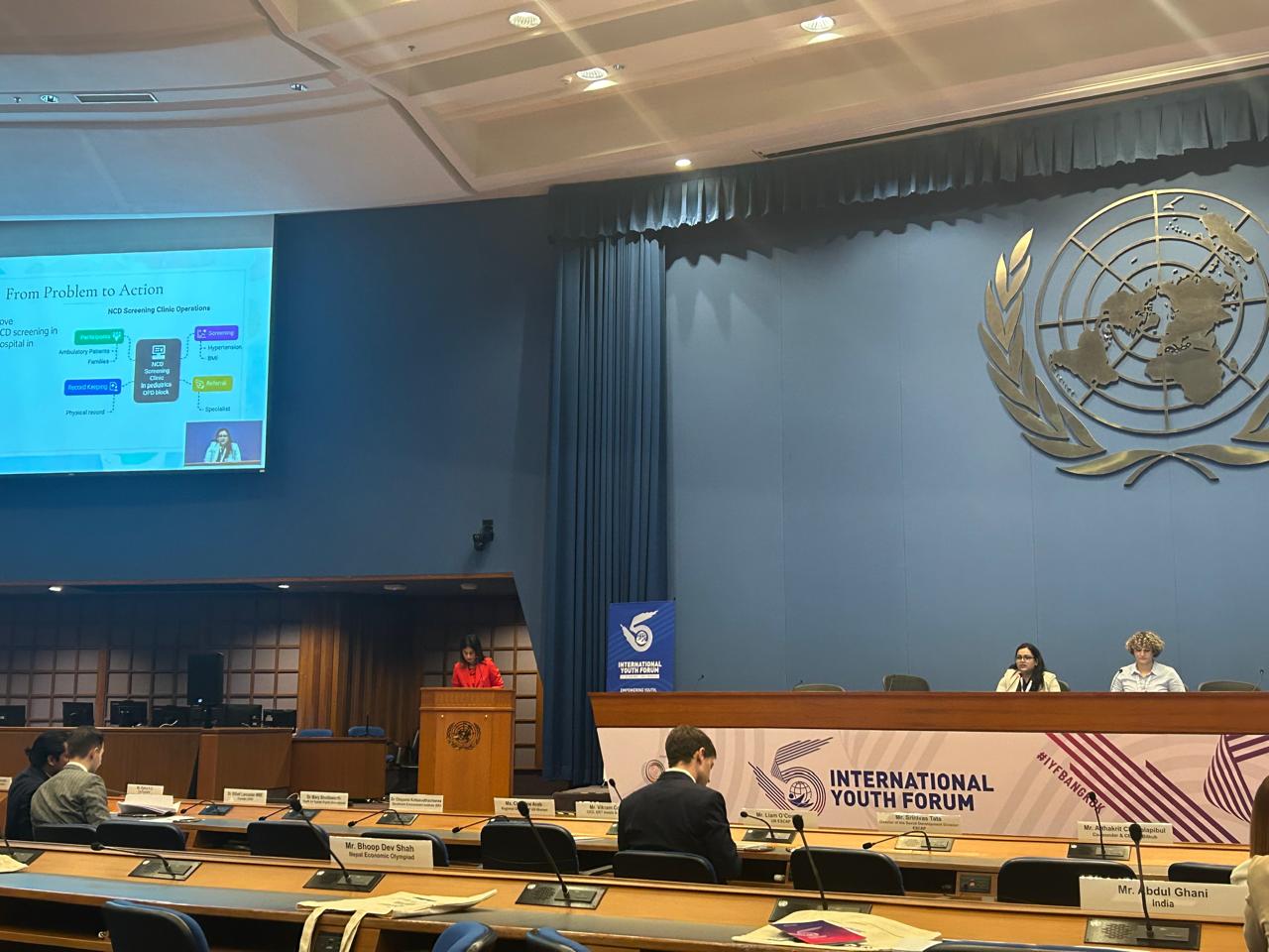 Udita Singh presenting her NCD screening quality-improvement work at the 5th International Youth Forum, UN Conference Centre, Bangkok